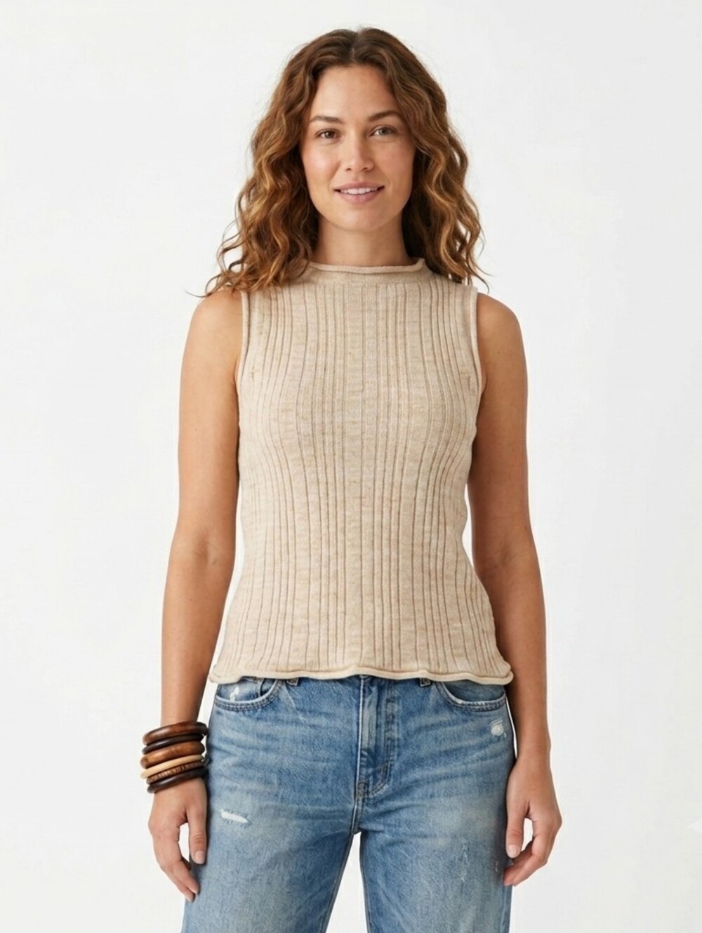 Pilcro by Anthropologie Ribbed Knit Silk Blend Tank Top Beige Sweater - Med